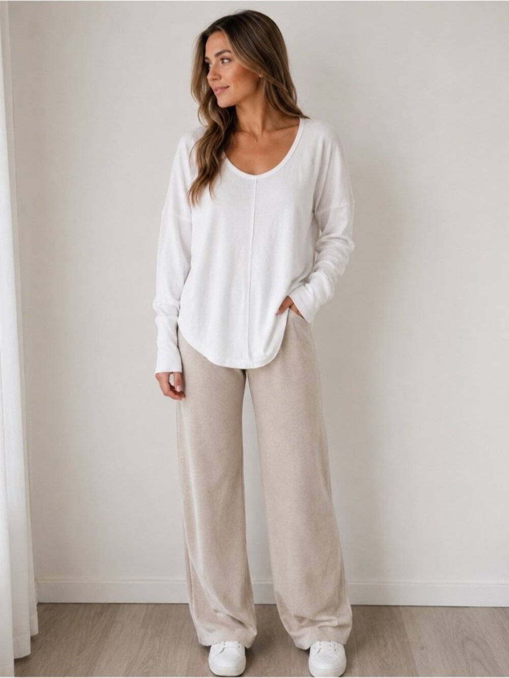 Lucky Brand Soft Off White Waffle Knit Long Sleeve Top Size L